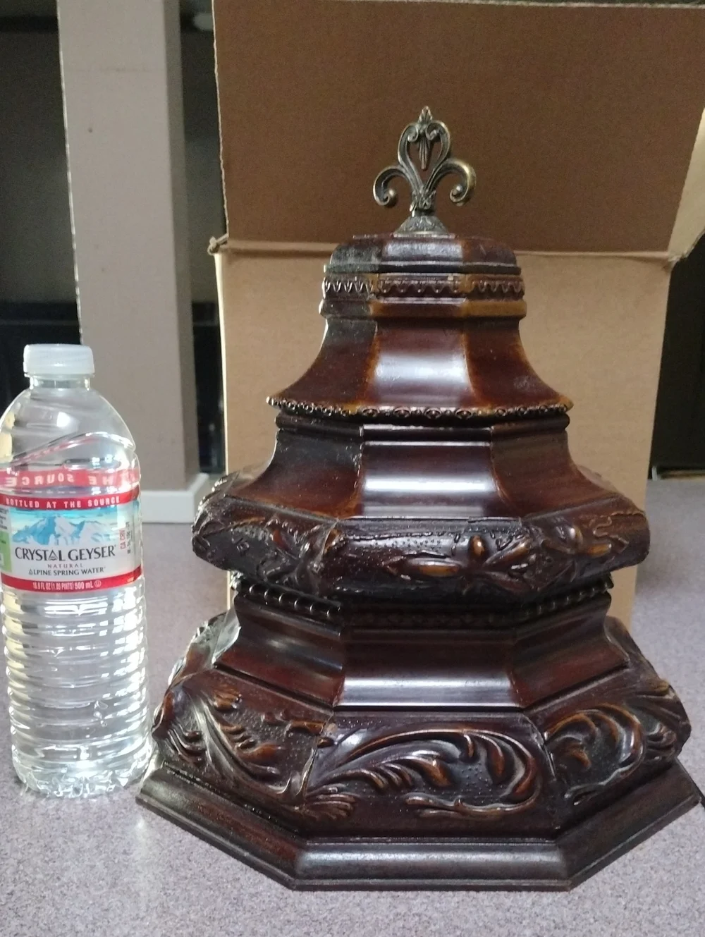 RARE Vintage Ornate Brown Decorative Wood Carved Accent Stash Box Brass Finial
